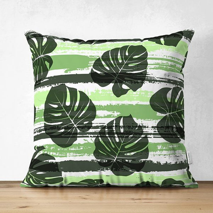 Tropical Plants Pillow Cover|Striped Green Leaves Cushion Case|Floral Cushion Cover|Decorative Pillowtop|Green and Black Summer Trend Decor