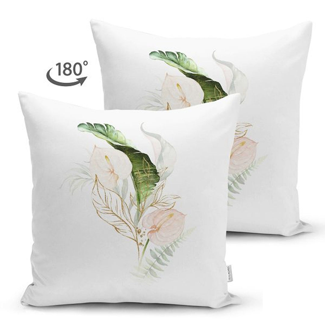 Tropical Plants Pillow Cover|Green Leaves with Pink Flowers Cushion Case|Floral Cushion Cover|Decorative Boho Pillowtop|Tropical Home Decor