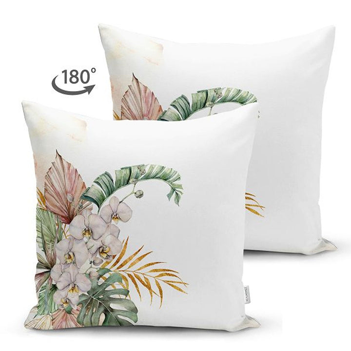 Tropical Plants Pillow Cover|Green Leaves with Pink Flowers Cushion Case|Floral Cushion Cover|Decorative Boho Pillowtop|Tropical Home Decor