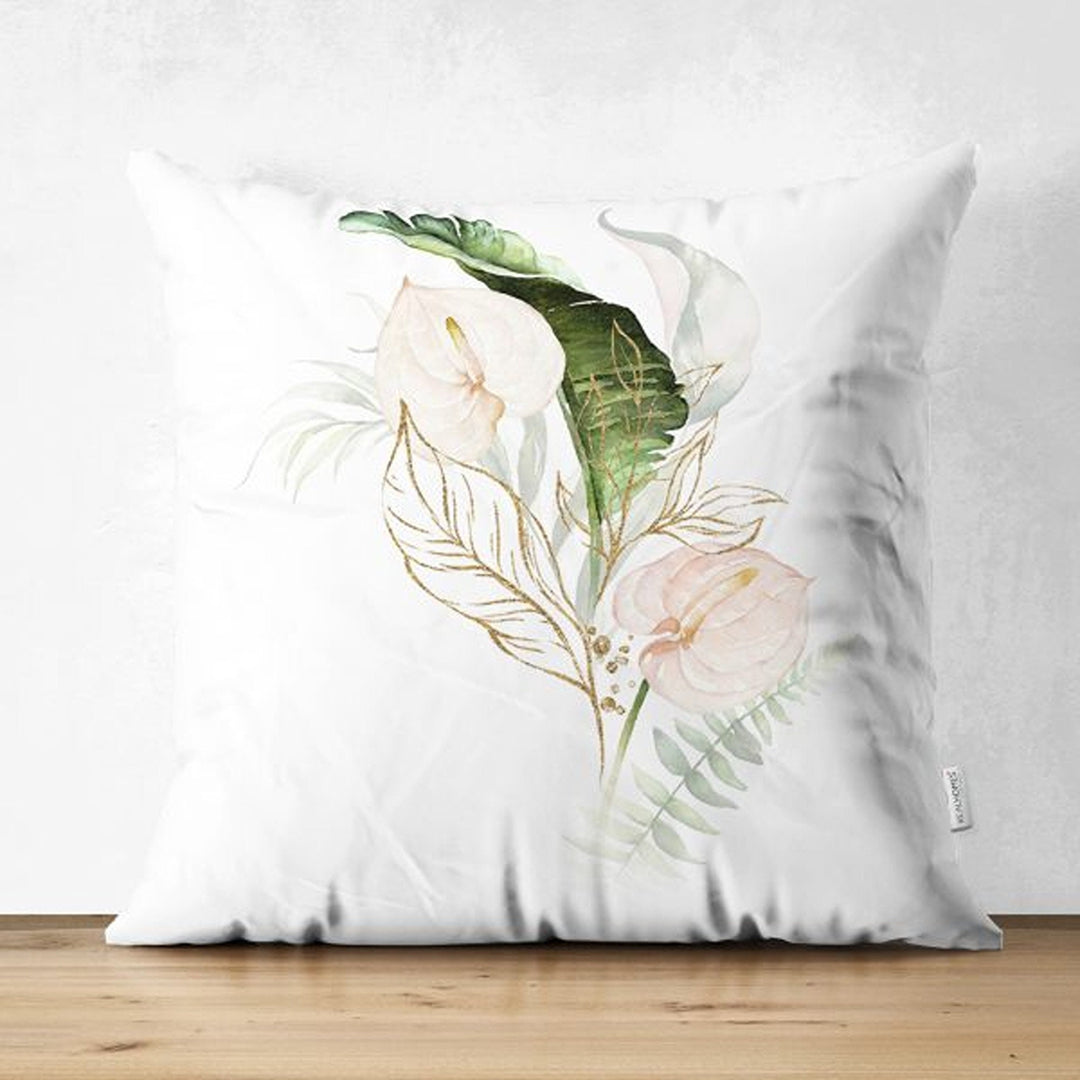 Tropical Plants Pillow Cover|Green Leaves with Pink Flowers Cushion Case|Floral Cushion Cover|Decorative Boho Pillowtop|Tropical Home Decor