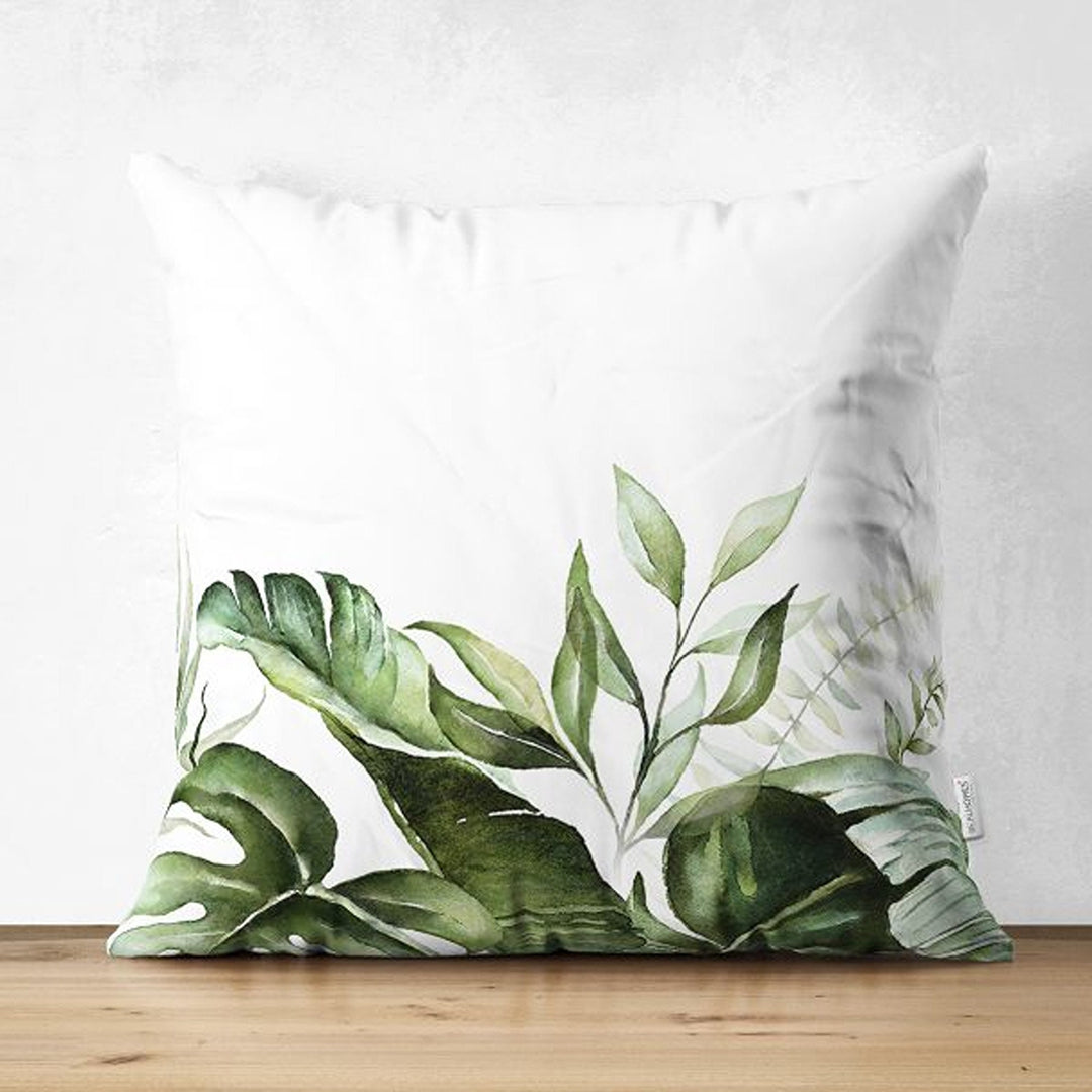 Tropical Plants Pillow Cover|Green Leaves Cushion Case|Floral Cushion Cover|Decorative Pillowtop|Green and White Summer Trend Home Decor