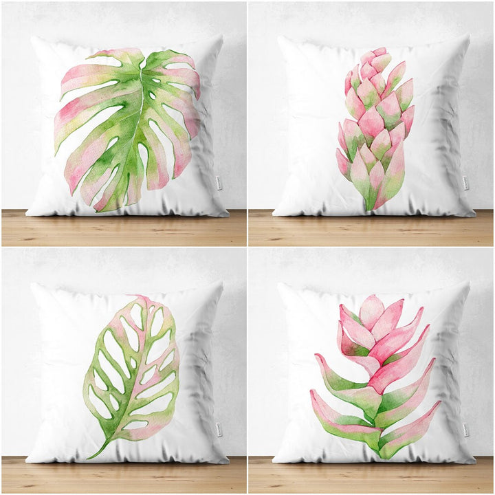 Tropical Plants Pillow Cover|Green Pink Leaves Cushion Case|Floral Cushion Cover|Decorative Pillowtop|Green and Pink Summer Trend Home Decor