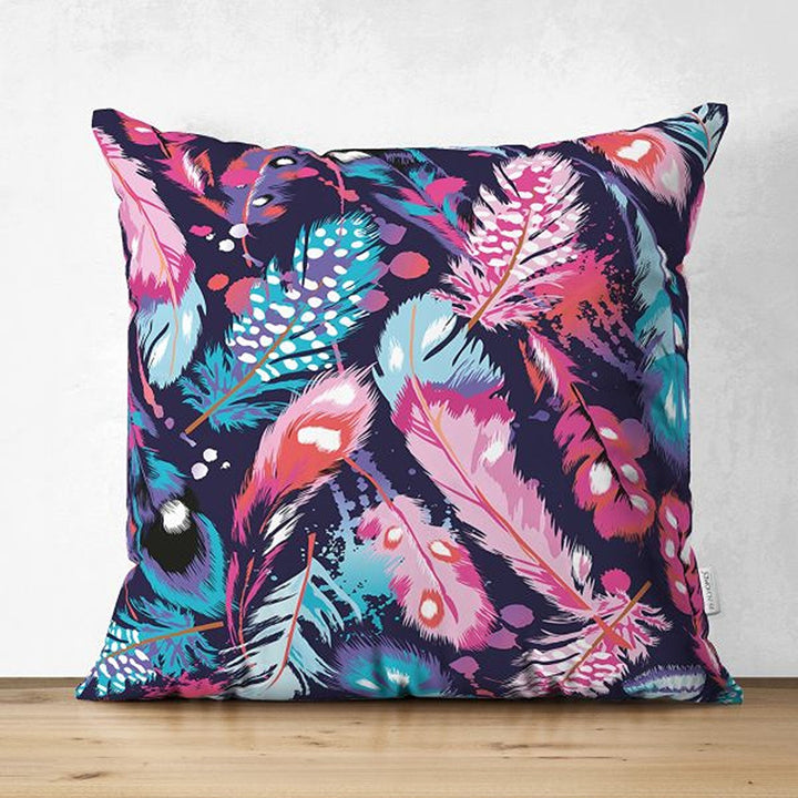 Feather Pillow Cover|Colorful Feather Print Cushion Case|Cozy Home Decor|Decorative Vibrant Colors Pillowtop|Housewarming Outdoor Pillow