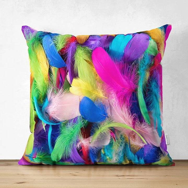 Feather Pillow Cover|Colorful Feather Print Cushion Case|Cozy Home Decor|Decorative Vibrant Colors Pillowtop|Housewarming Outdoor Pillow