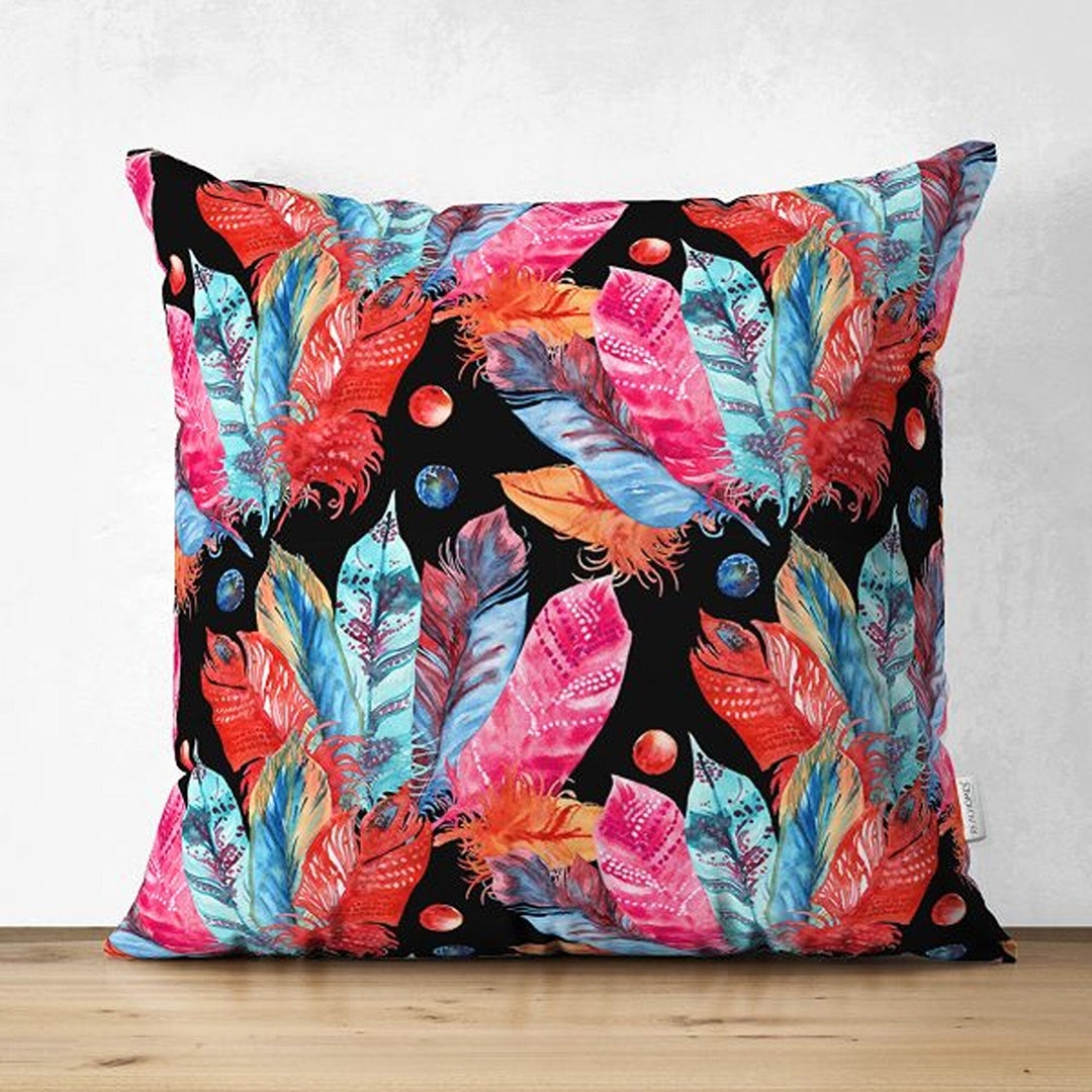 Feather Pillow Cover|Colorful Feather Print Cushion Case|Cozy Home Decor|Decorative Vibrant Colors Pillowtop|Housewarming Outdoor Pillow