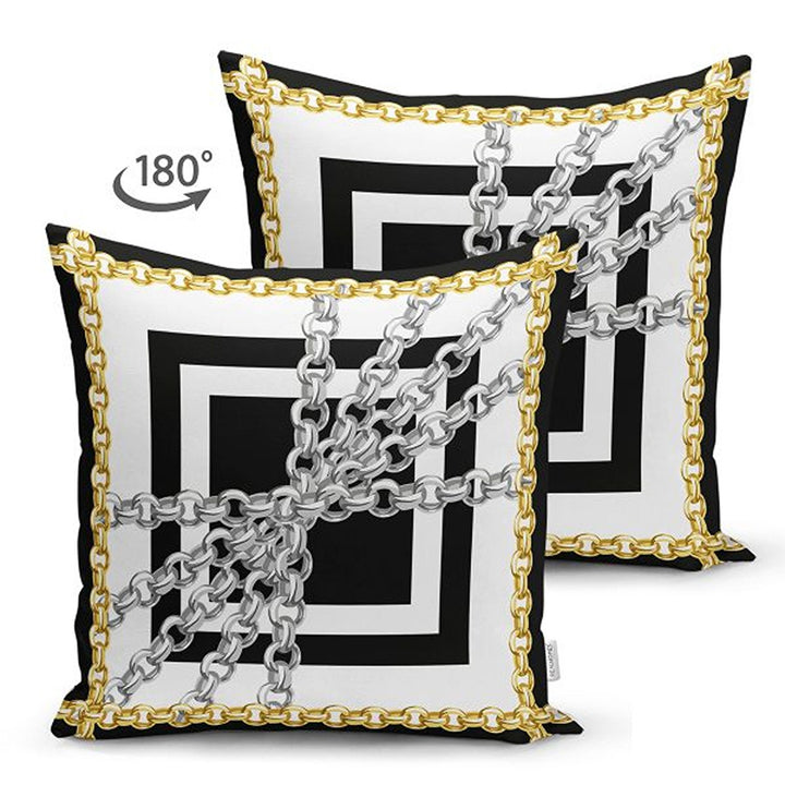 Chain Pillow Cover|Decorative Cushion Case|Boho Black Gold Pillowtop|Cozy Home Decor|Housewarming Geometric Chain Print Throw Pillowcase