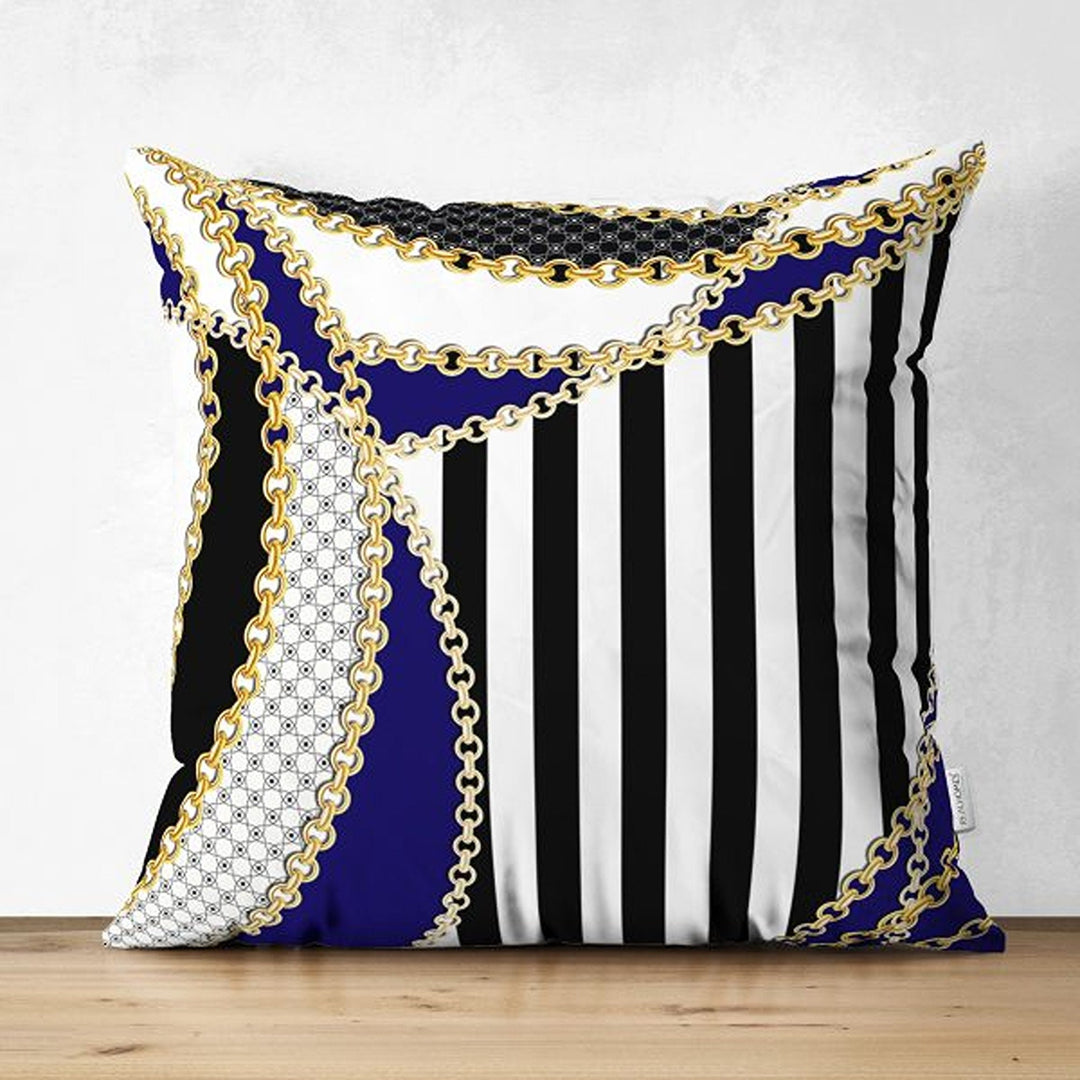 Chain Pillow Cover|Decorative Cushion Case|Boho Black Gold Pillowtop|Cozy Home Decor|Housewarming Geometric Chain Print Throw Pillowcase