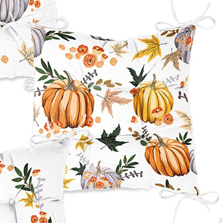 Set of 4 Puffy Chair Pads and 1 Table Runner|Fall Trend Chair Cushion and Tabletop Set|Floral Orange Gray Pumpkin Seat Pad and Tablecloth