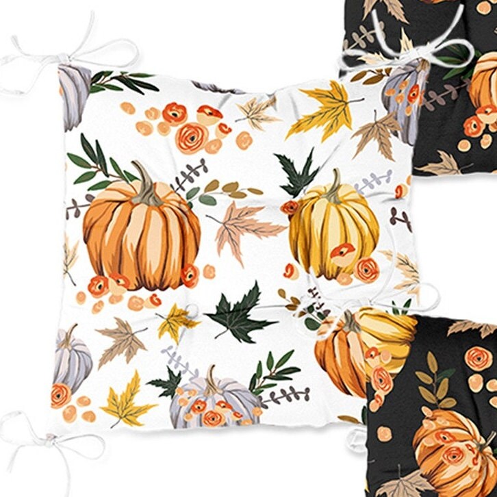 Set of 4 Puffy Chair Pads and 1 Table Runner|Fall Trend Chair Cushion and Tabletop Set|Striped Orange Gray Pumpkin Seat Pad and Tablecloth