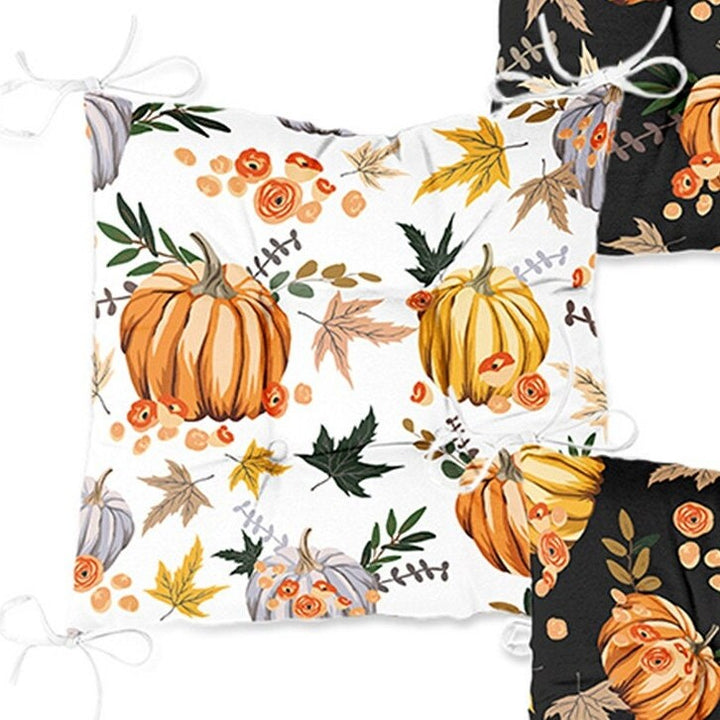 Set of 4 Puffy Chair Pads and 1 Table Runner|Fall Trend Chair Cushion and Tabletop Set|Striped Orange Gray Pumpkin Seat Pad and Tablecloth