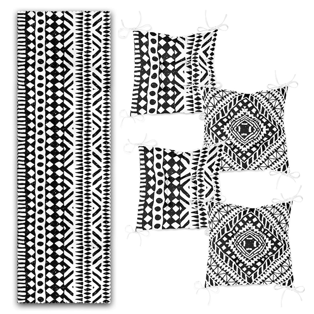 Set of 4 Puffy Chair Pads and 1 Table Runner|Nordic Scandinavian Seat Pad and Tablecloth|Rug Design Southwestern Chair Cushion Tabletop Set