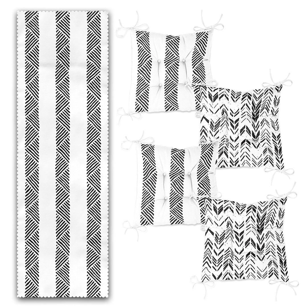 Set of 4 Puffy Chair Pads and 1 Table Runner|Nordic Scandinavian Seat Pad and Tablecloth|Ethnic Aztec Print Southwestern Chair Cushion Set