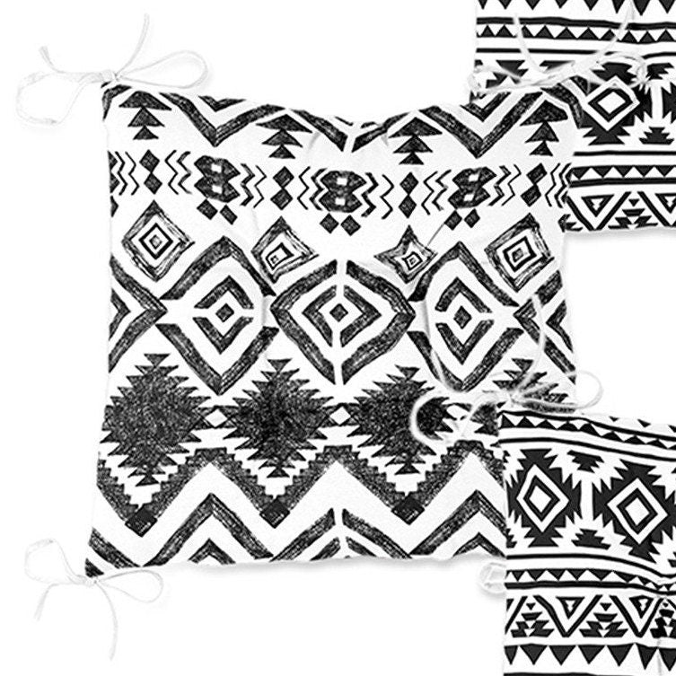 Set of 4 Puffy Chair Pads and 1 Table Runner|Nordic Scandinavian Seat Pad and Tablecloth|Ethnic Aztec Print Southwestern Chair Cushion Set