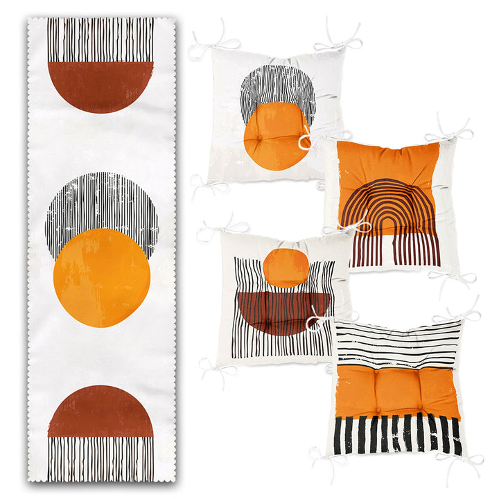 Set of 4 Puffy Chair Pads and 1 Table Runner|Abstract Onedraw Chair Cushion and Tabletop Set|Abstract Orange Gray Seat Pad and Tablecloth