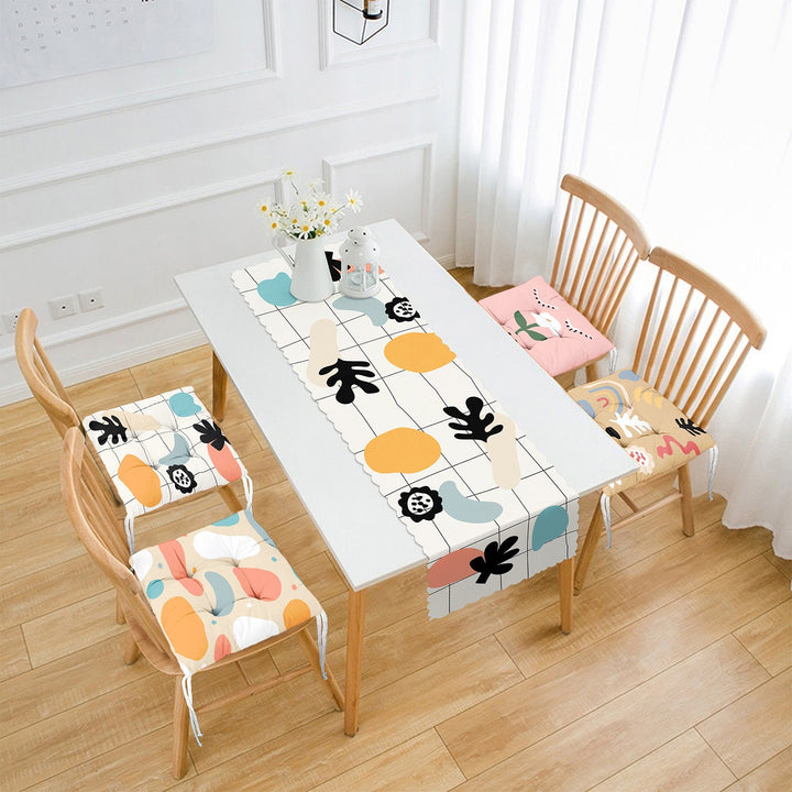 Set of 4 Puffy Chair Pads and 1 Table Runner|Abstract Floral Chair Cushion and Tabletop Set|Abstract Leaves Print Seat Pad and Tablecloth