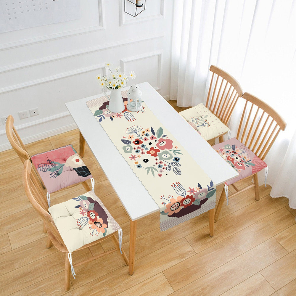 Set of 4 Puffy Chair Pads and 1 Table Runner|Abstract Floral Chair Cushion and Tabletop Set|Flowers with Pots Print Seat Pad and Tablecloth