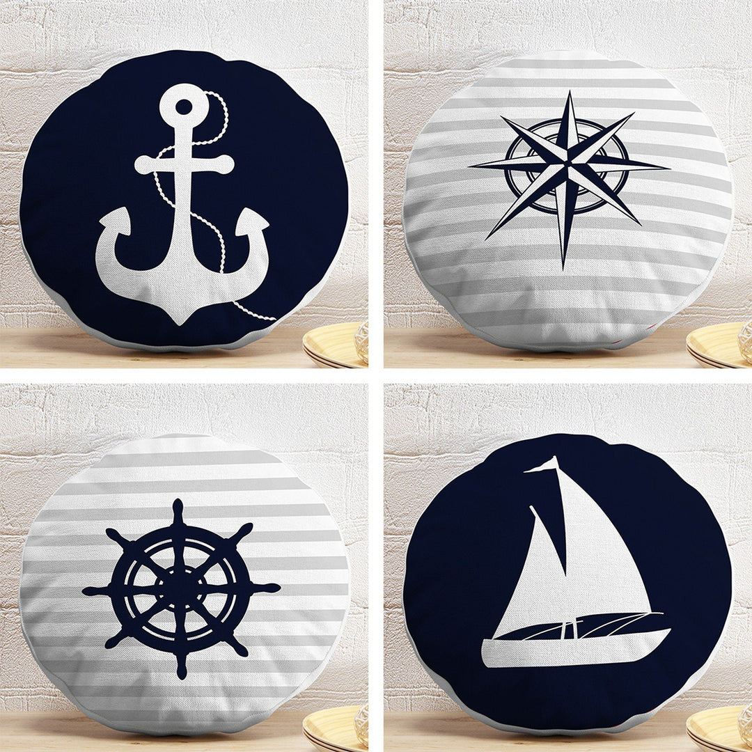 Set of 4 Nautical Round Pillow Case|Navy Blue Anchor Compass Wheel Boat Circle Pillowtop|Decorative Beach House Cushion|Round Cushion Cover