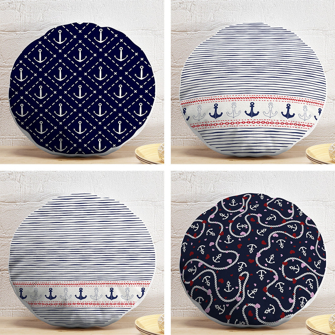 Set of 4 Nautical Round Pillow Case|Anchor and Sailor Rope Circle Pillow|Decorative Beach House Cushion|Striped Navy Marine Coastal Decor