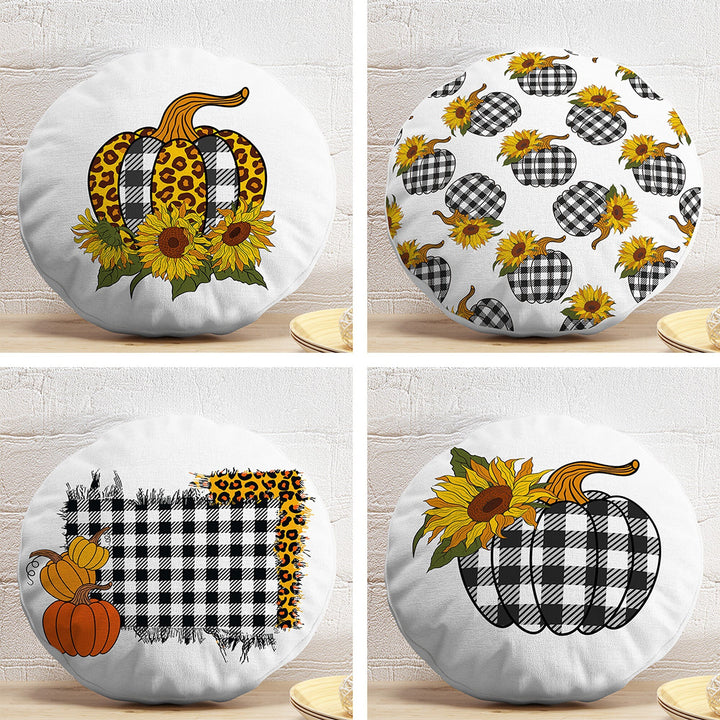 Set of 4 Fall Trend Round Pillow Case|Checkered Pumpkin Circle Pillow Top|Sunflower Autumn Cushion Cover|Plaid Pumpkin Outdoor Cushion Case