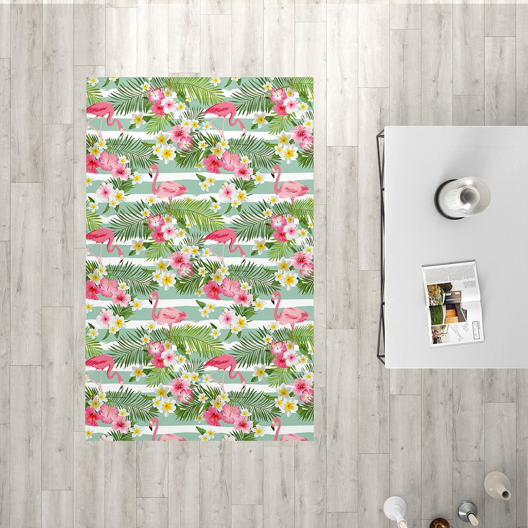 Floral Flamingo Rectangle Rug|Non-Slip Carpet|Geometric 3D Design Carpet|Decorative Area Rug|Tropical Leaves Multi-Purpose Anti-Slip Rug