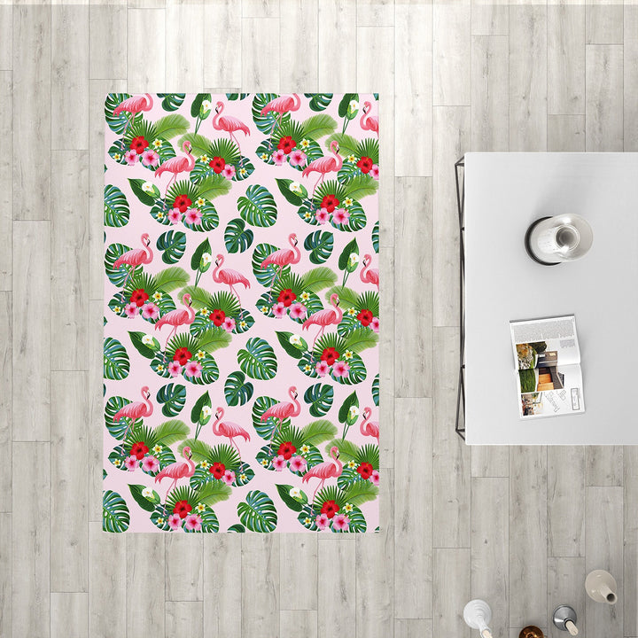 Floral Flamingo Rectangle Rug|Non-Slip Carpet|Geometric 3D Design Carpet|Decorative Area Rug|Tropical Leaves Multi-Purpose Anti-Slip Rug