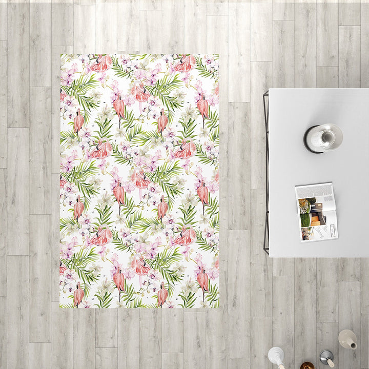 Floral Flamingo Rectangle Rug|Non-Slip Carpet|Geometric 3D Design Carpet|Decorative Area Rug|Tropical Leaves Multi-Purpose Anti-Slip Rug