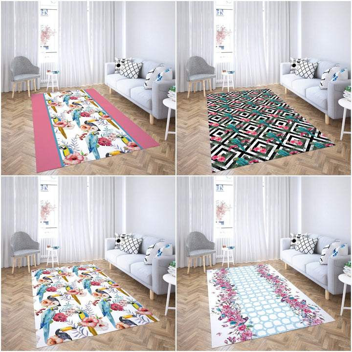 Floral Parrot Rectangle Rug|Non-Slip Carpet|Geometric 3D Design Carpet|Decorative Area Rug|Bird and Flower Print Multi-Purpose Anti-Slip Rug