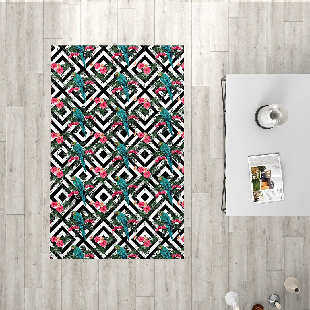 Floral Parrot Rectangle Rug|Non-Slip Carpet|Geometric 3D Design Carpet|Decorative Area Rug|Bird and Flower Print Multi-Purpose Anti-Slip Rug