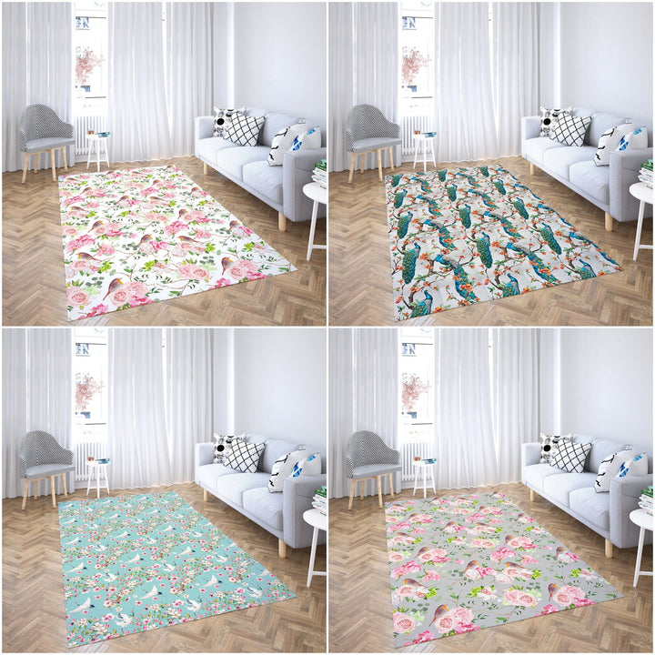 Floral Bird Rectangle Rug|Non-Slip Carpet|Animal Print 3D Design Carpet|Decorative Area Rug|Peacock and Rose Multi-Purpose Anti-Slip Rug