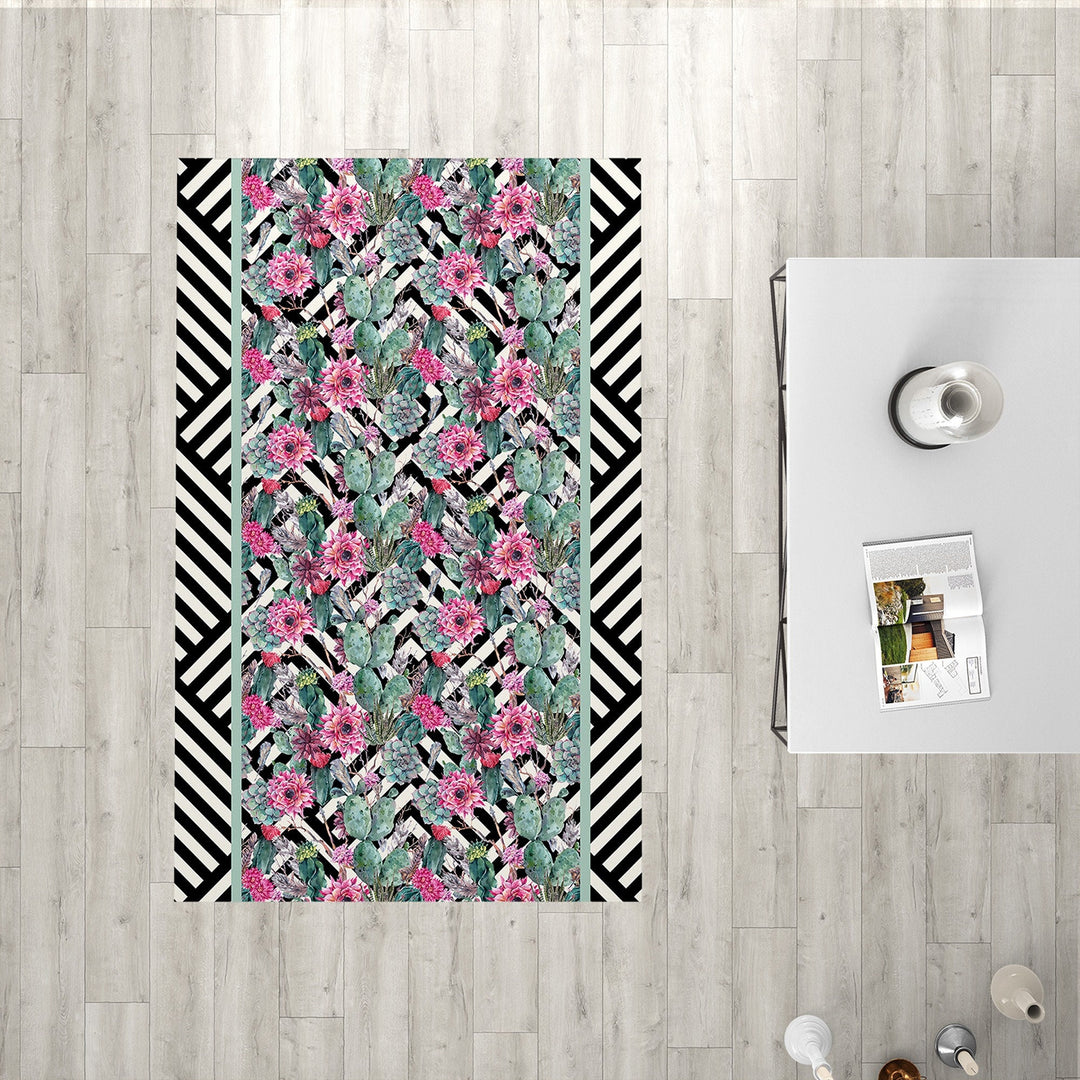 Floral Green Cactus Rectangle Rug|Non-Slip Carpet|Geometric 3D Design Carpet|Decorative Area Rug|Succulent Print Multi-Purpose Anti-Slip Rug