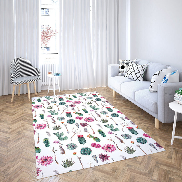 Floral Green Cactus Rectangle Rug|Non-Slip Carpet|Geometric 3D Design Carpet|Decorative Area Rug|Succulent Print Multi-Purpose Anti-Slip Rug