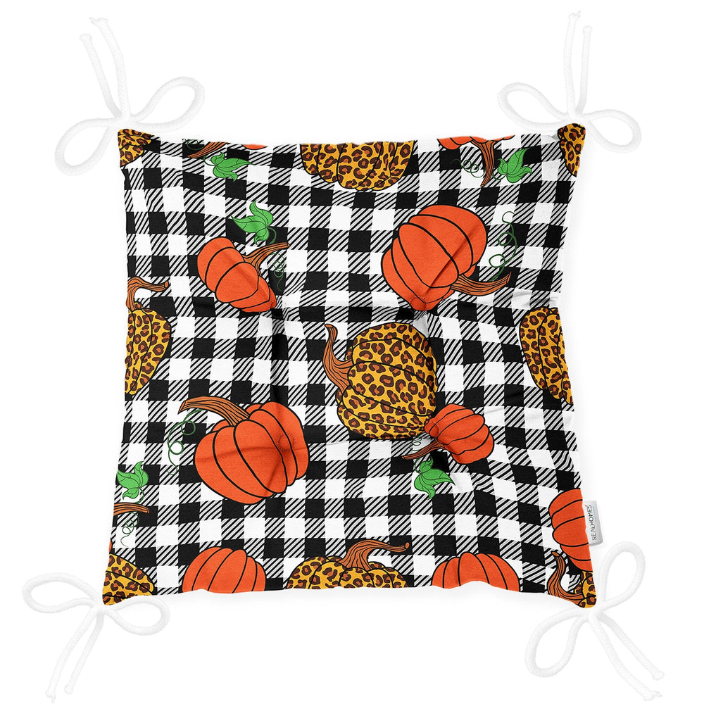 Puffy Chair Cushion|Fall Trend Seat Pad with Ties|Checkered Pumpkin Sunflower Soft Chair Pad|Housewarming Autumn Outdoor Square Seat Cushion