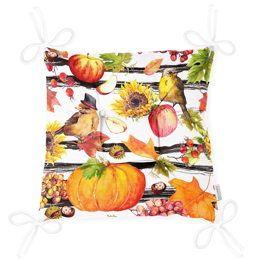 Puffy Chair Cushion|Fall Trend Seat Pad with Ties|Striped Orange Gray Pumpkin Soft Chair Pad|Housewarming Autumn Outdoor Square Seat Cushion