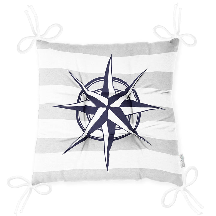 Puffy Chair Cushion|Nautical Navy Blue Seat Pad with Ties|Anchor Wheel Compass and Sailing Boat Soft Chair Pad|Coastal Outdoor Seat Cushion