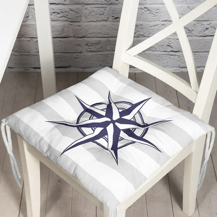 Puffy Chair Cushion|Nautical Navy Blue Seat Pad with Ties|Anchor Wheel Compass and Sailing Boat Soft Chair Pad|Coastal Outdoor Seat Cushion