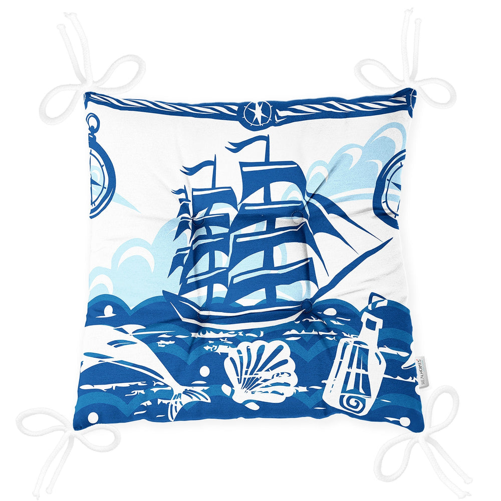 Puffy Chair Cushion|Nautical Blue White Seat Pad with Ties|Sailing Ship Wheel Lighthouse Seashell Soft Chair Pad|Coastal Outdoor Table Decor