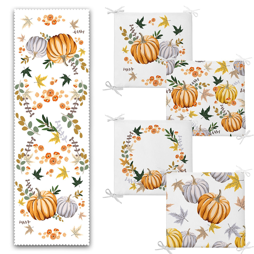 Set of 4 Fall Trend Chair Pads and 1 Table Runner|Floral Orange Gray Pumpkin Chair Cushion and Tabletop Set|Autumn Seat Pad and Tablecloth