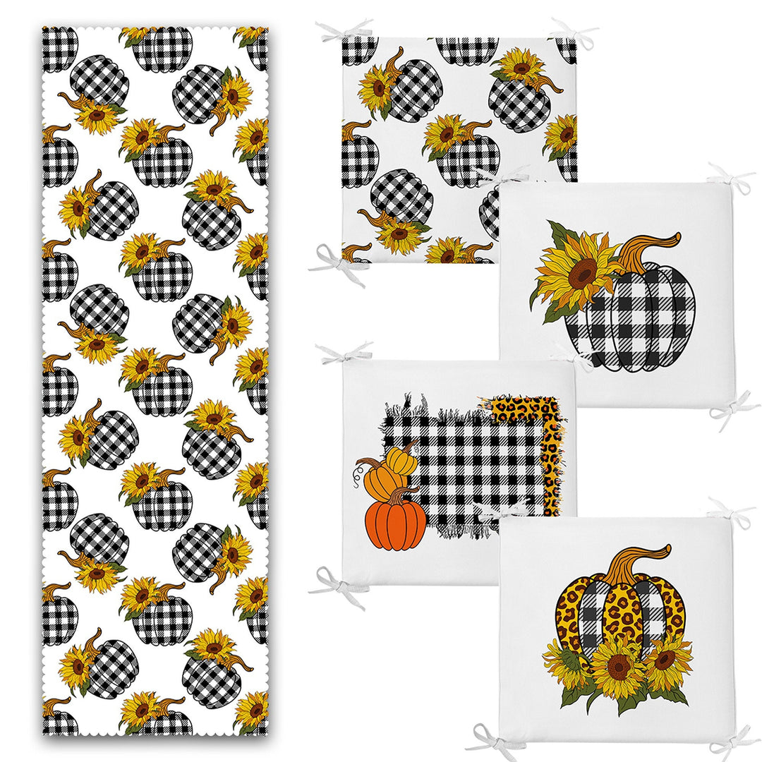 Set of 4 Fall Trend Chair Pads and 1 Table Runner|Black White Checkered Pumpkin Chair Cushion Tabletop Set|Autumn Seat Pad and Tablecloth