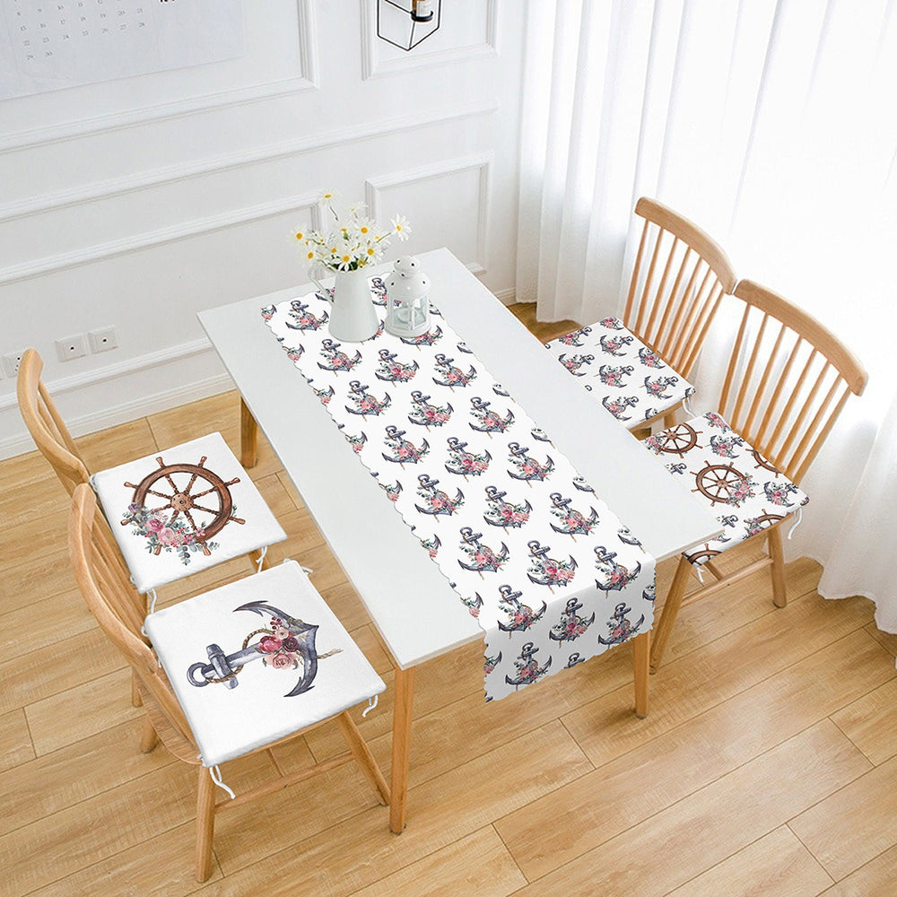 Set of 4 Nautical Chair Pads and 1 Table Runner|Floral Anchor Wheel Print Coastal Chair Cushion and Tabletop Set|Beach House Table Decor