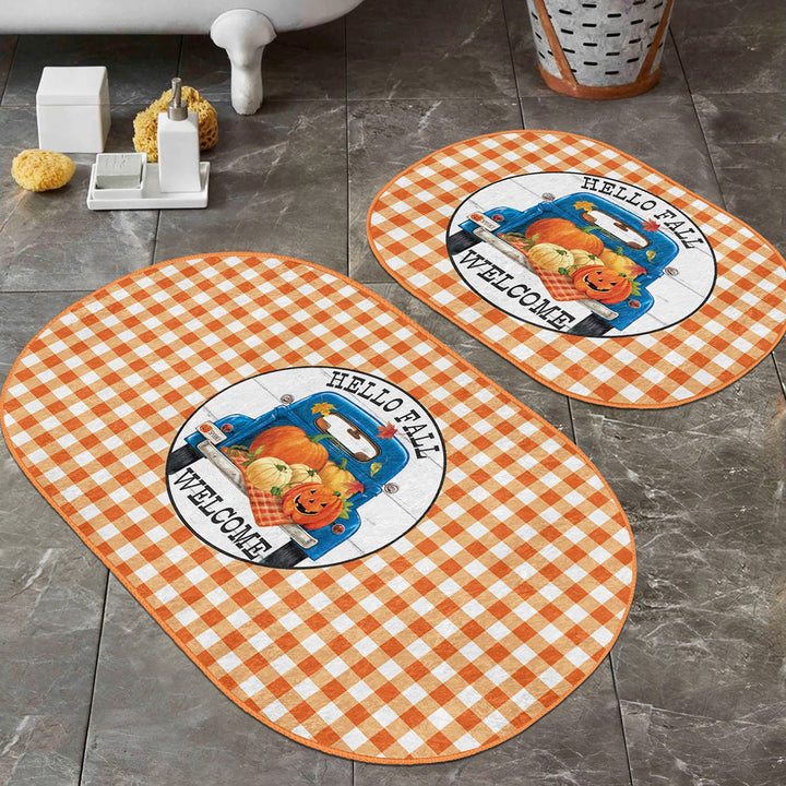 Set of 2 Fall Trend Bath Mat|Non-Slip Bathroom Decor|Autumn Bath Rug|Pumpkin Print Kitchen Floor Mat|Oval Shower and Home Entrance Carpet