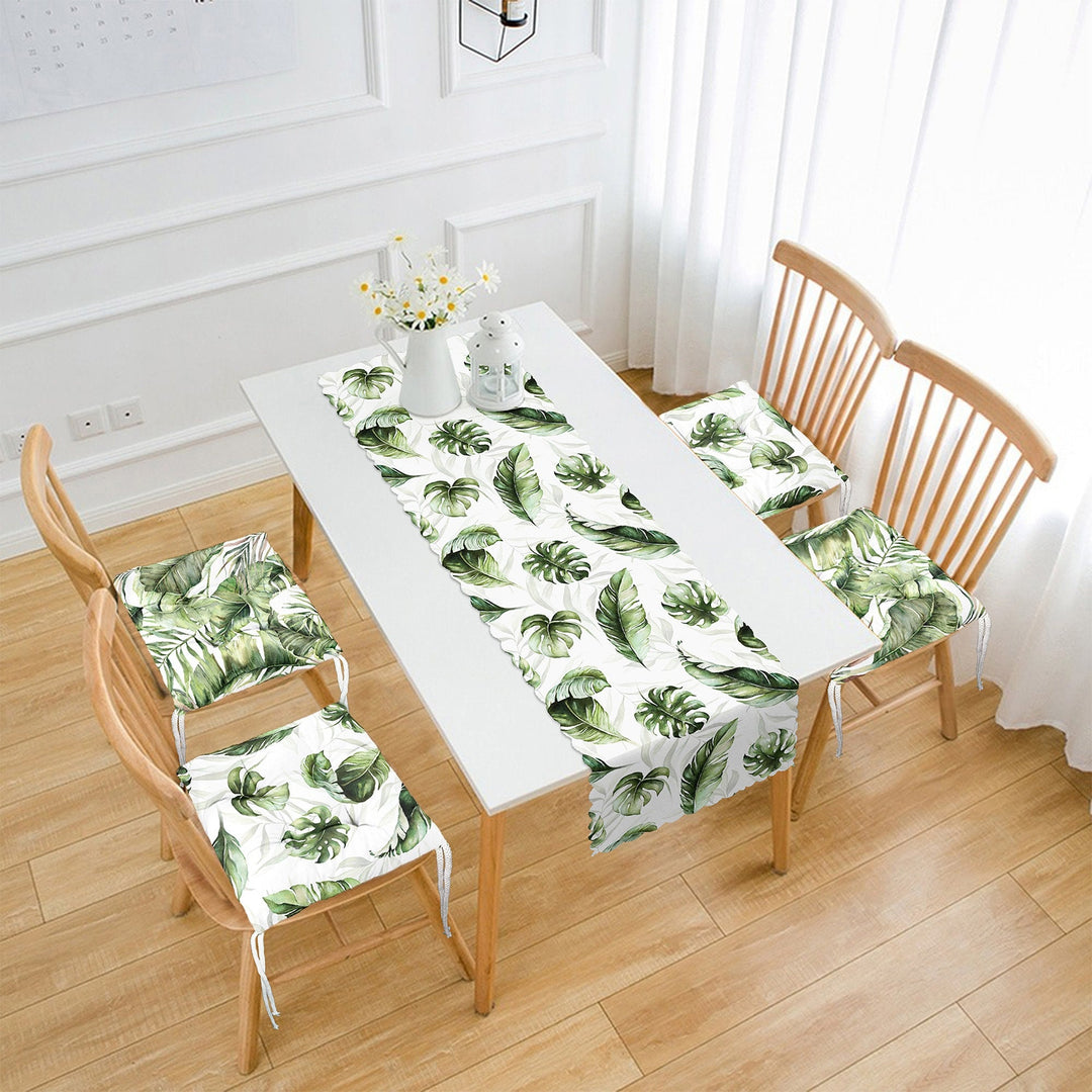 Set of 4 Puffy Chair Pads and 1 Table Runner|Tropical Leaves Chair Cushion and Tabletop Set|Green Leaves Print Seat Pad and Tablecloth