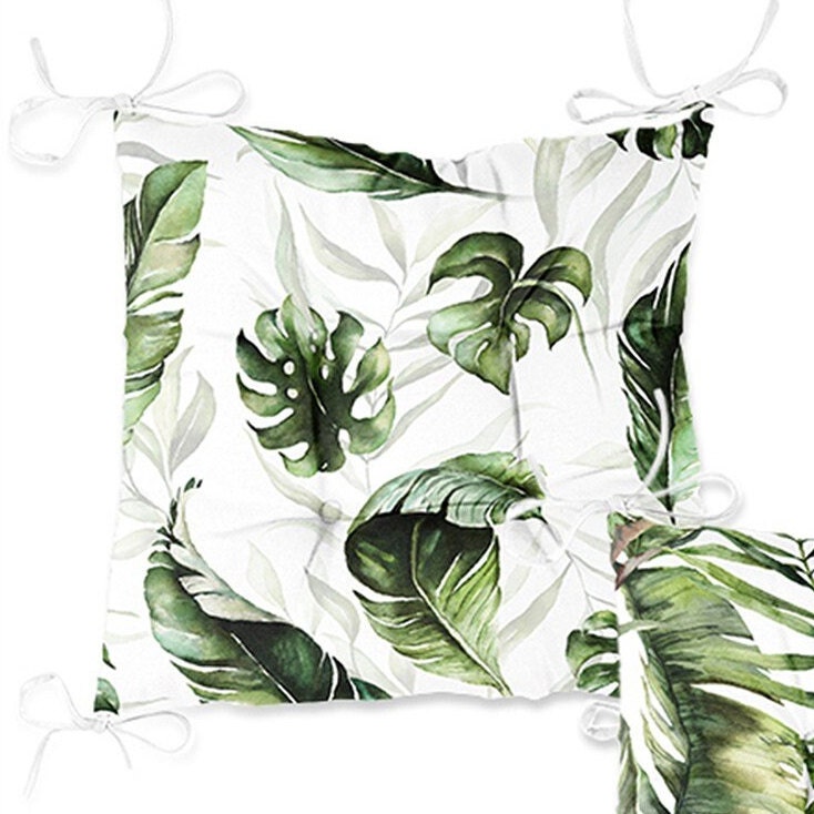 Set of 4 Puffy Chair Pads and 1 Table Runner|Tropical Leaves Chair Cushion and Tabletop Set|Green Leaves Print Seat Pad and Tablecloth