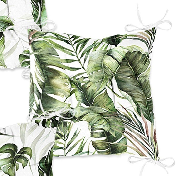 Set of 4 Puffy Chair Pads and 1 Table Runner|Tropical Leaves Chair Cushion and Tabletop Set|Green Leaves Print Seat Pad and Tablecloth