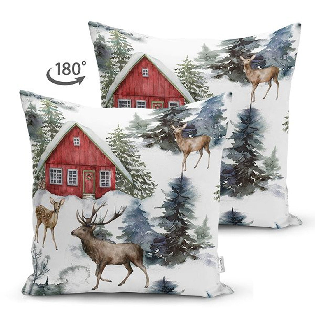 Winter Pillow Cover|Xmas Deer and Pine Tree Home Decor|House under Snow Farmhouse Style Cushion Case|Housewarming Christmas Pillow Cover