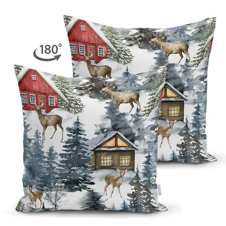 Winter Pillow Cover|Xmas Deer and Pine Tree Home Decor|House under Snow Farmhouse Style Cushion Case|Housewarming Christmas Pillow Cover