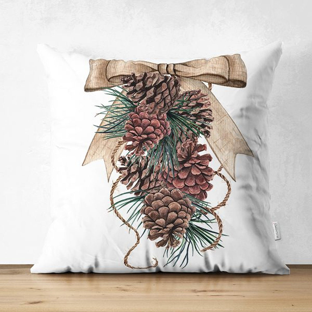 Winter Pillow Cover|Pine Cone and Pine Tree Needles Decor|Red Berries Print Farmhouse Style Cushion Case|Housewarming Christmas Pillow Cover