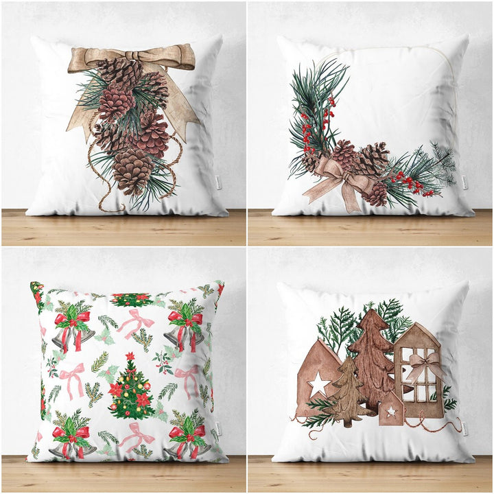 Winter Pillow Cover|Pine Cone and Pine Tree Needles Decor|Red Berries Print Farmhouse Style Cushion Case|Housewarming Christmas Pillow Cover