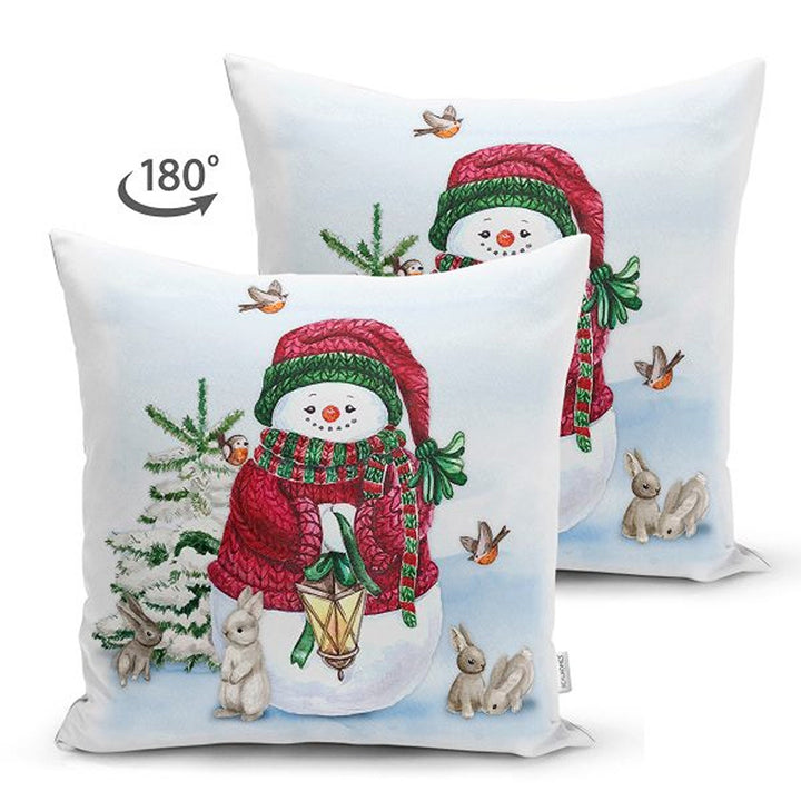 Winter Pillow Covers|Snowman and Rabbits Cushion|Red Poinsettia and Pine Cone Throw Pillowcase|Pine Tree Needles and Red Berries Pillow