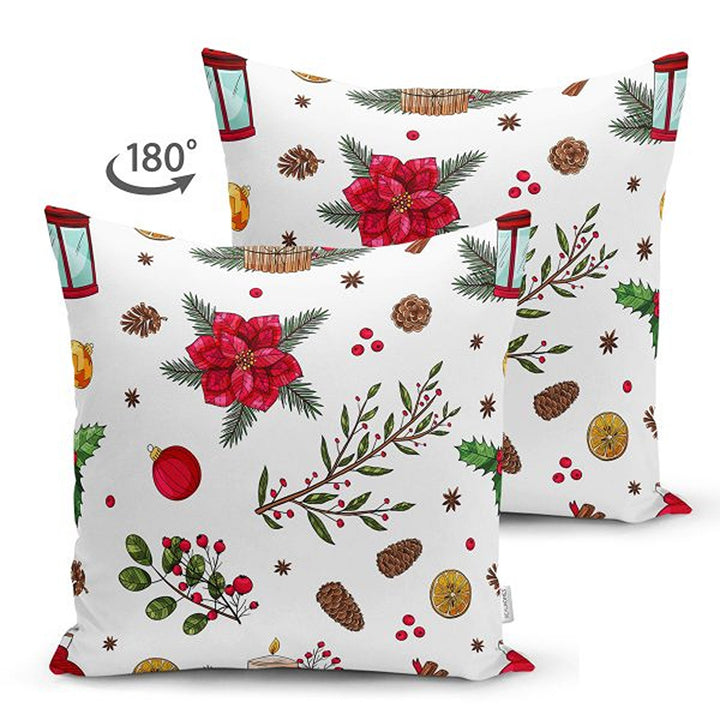 Winter Pillow Covers|Snowman and Rabbits Cushion|Red Poinsettia and Pine Cone Throw Pillowcase|Pine Tree Needles and Red Berries Pillow