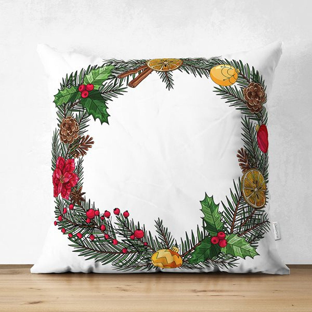 Winter Pillow Covers|Snowman and Rabbits Cushion|Red Poinsettia and Pine Cone Throw Pillowcase|Pine Tree Needles and Red Berries Pillow